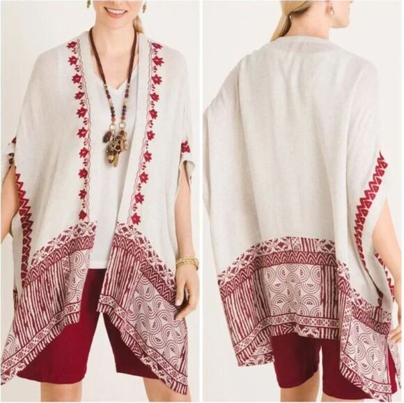 Chico's Accessories - Chico's S/M Linen Blend Mixed Print Ruana Wrap Beach Summer Lightweight Boho